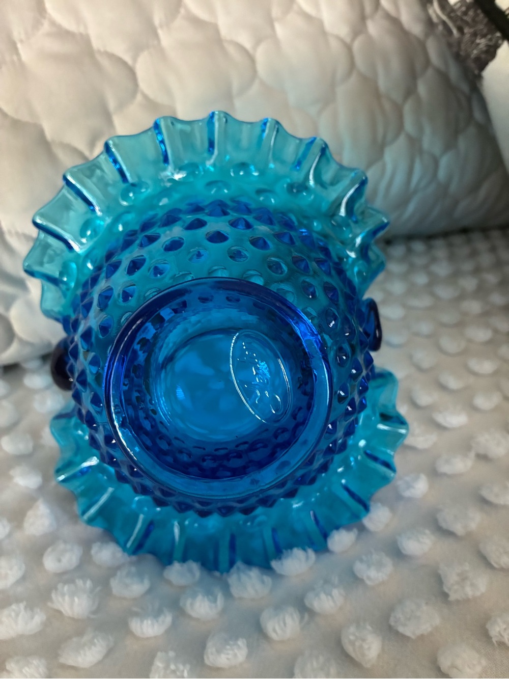 Fenton Blue Hobnail Glass Basket with Ruffled Edge - Picture 2 of 6